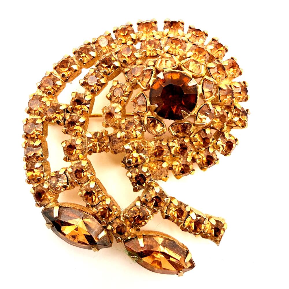 Vintage Topaz Brown Rhinestone Spiral Brooch Prong Set Navette Crystal Pin